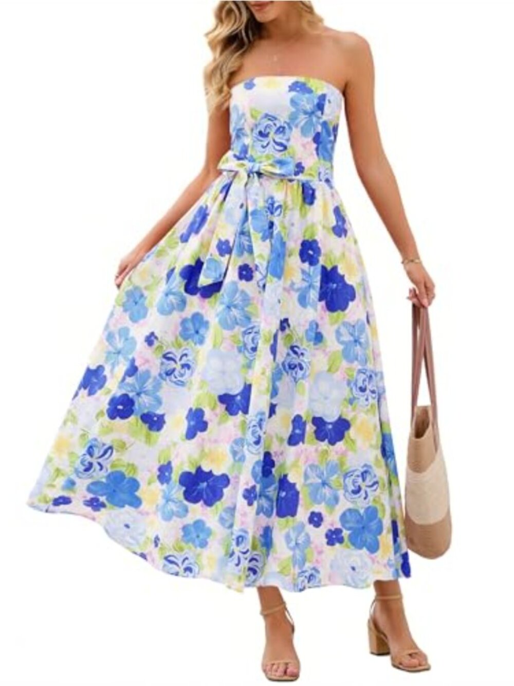Women's Floral Maxi Dress Boho Strapless Tube Smocked Tie Ruffle Beach Vacation